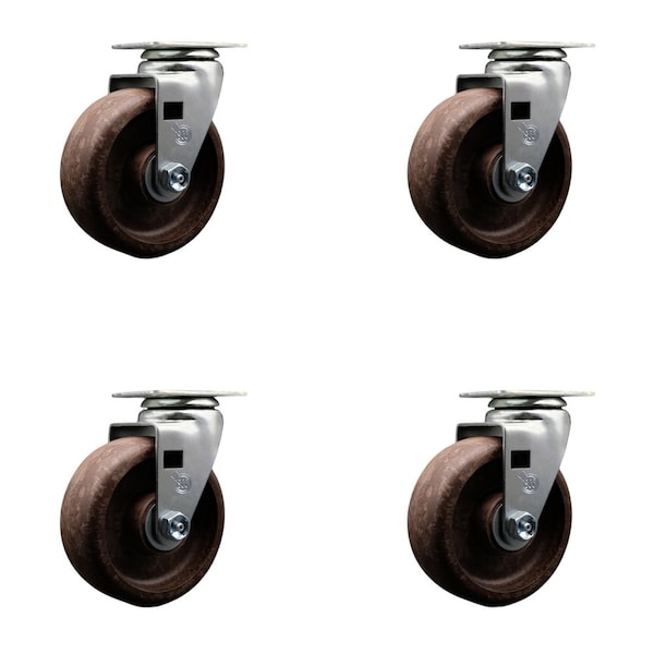 5'' High Temp Glass Filled Nylon Wheel Swivel Caster Set with Bronze Bearings, 4PK